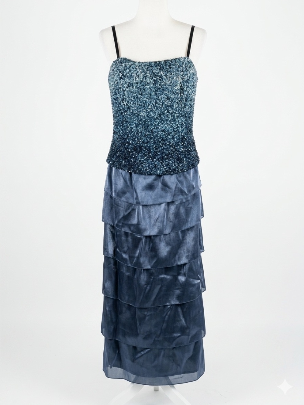 Jovani Steel Blue Sequin Strapless Basque Waist Tiered Prom Evening Gown Size 14